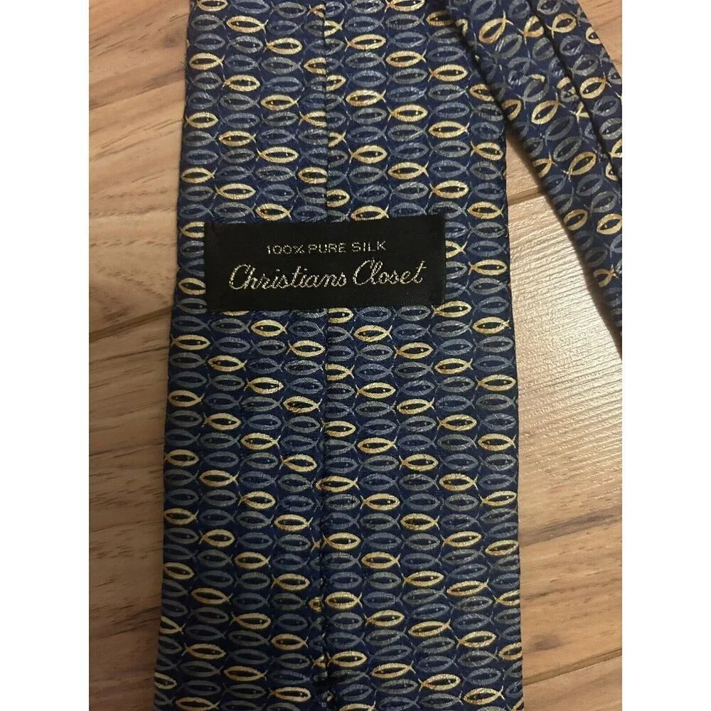 Christians Closet Mens Tie 100% Silk Tie Religious Jesus Fish Symbol Blue 58X4